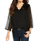 Blusa feminina estilo &amp; co com estampa de mídia mista e mangas transparentes, preta, tamanho grande