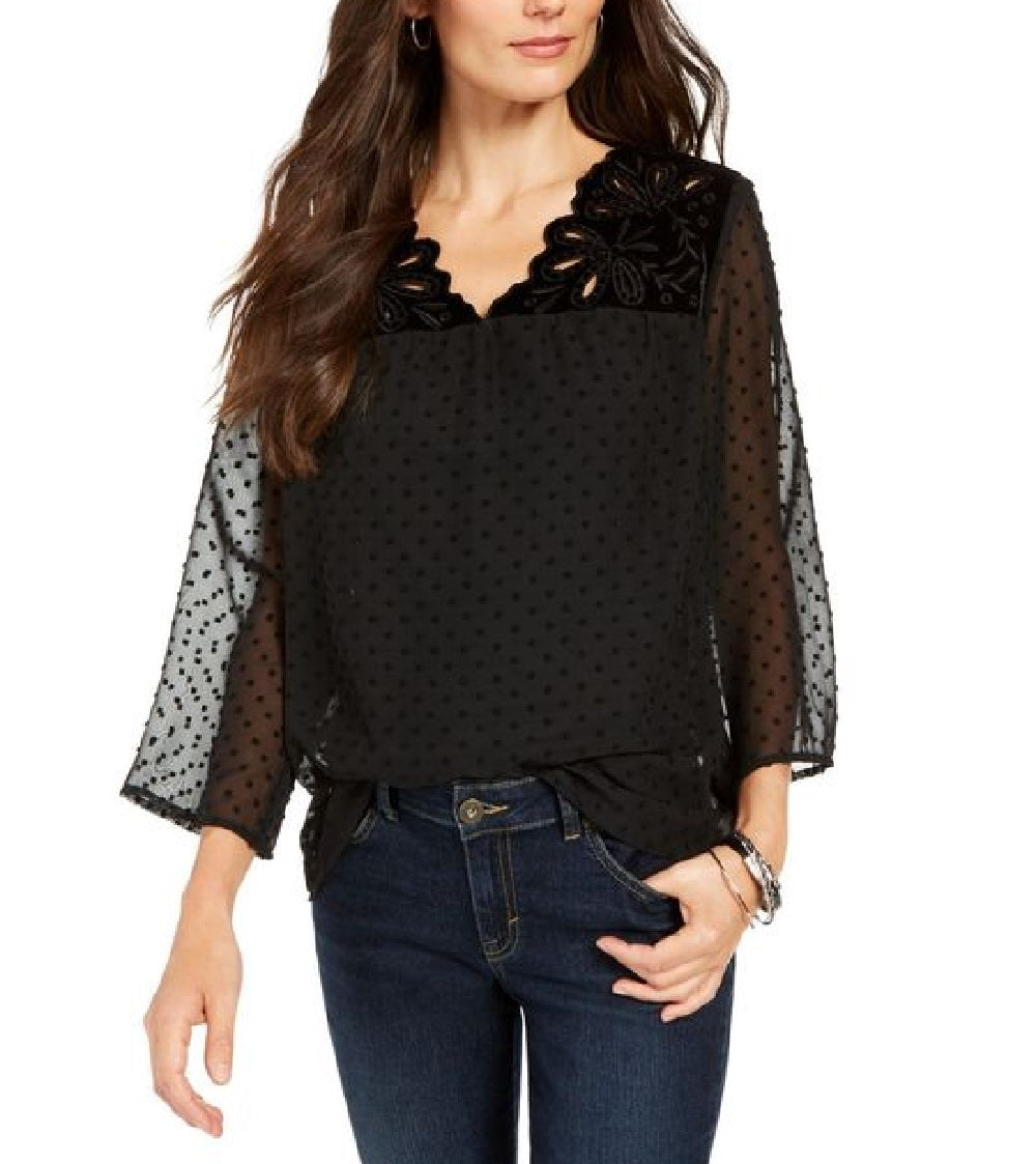 Blusa feminina de mangas transparentes com estampa de mídia mista, preta, tamanho médio, estilo &amp; co