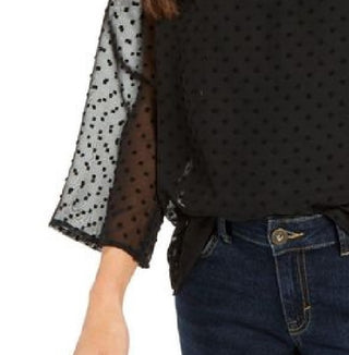 Blusa feminina de mangas transparentes com estampa de mídia mista, preta, tamanho médio, estilo &amp; co