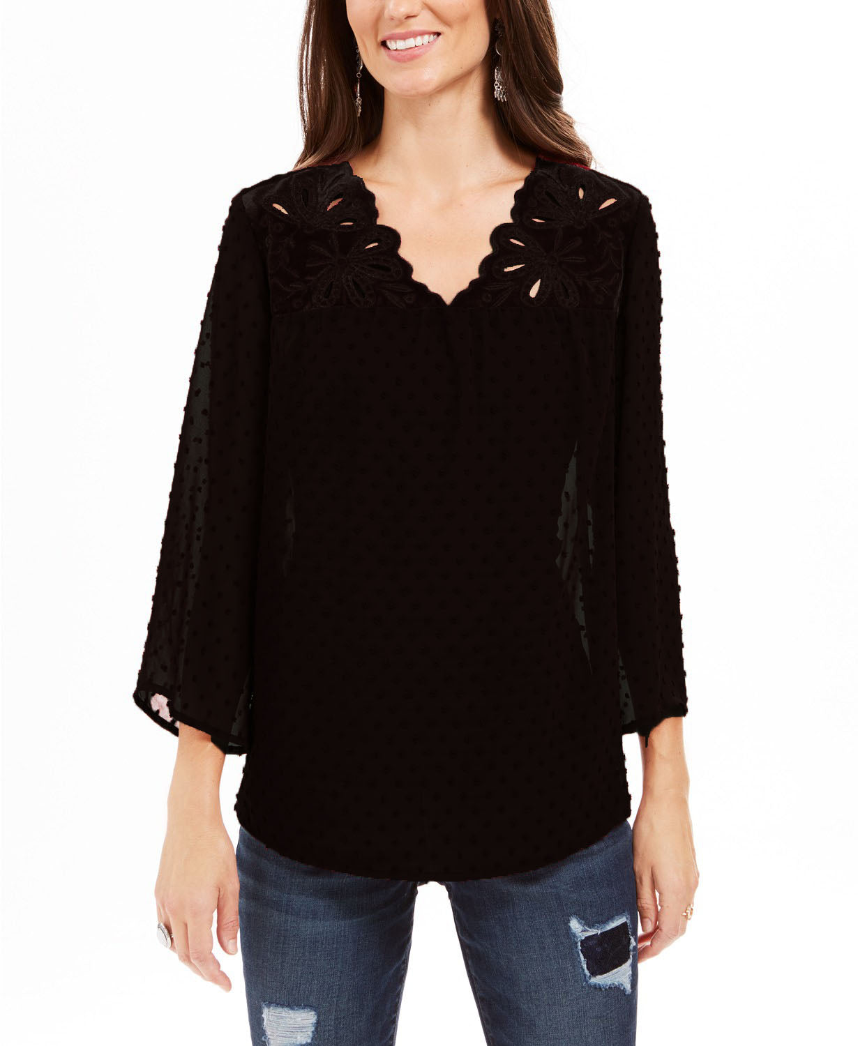 Blusa feminina estilo &amp; co com estampa de mídia mista e mangas transparentes, preta, tamanho extra pequeno