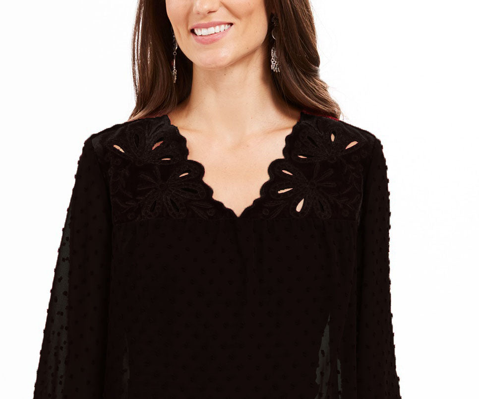 Blusa feminina estilo &amp; co com estampa de mídia mista e mangas transparentes, preta, tamanho extra pequeno
