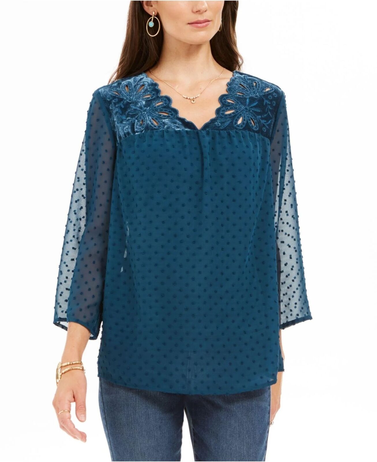 Blusa feminina de manga transparente com estampa de mídia mista, estilo &amp; co, verde, tamanho médio