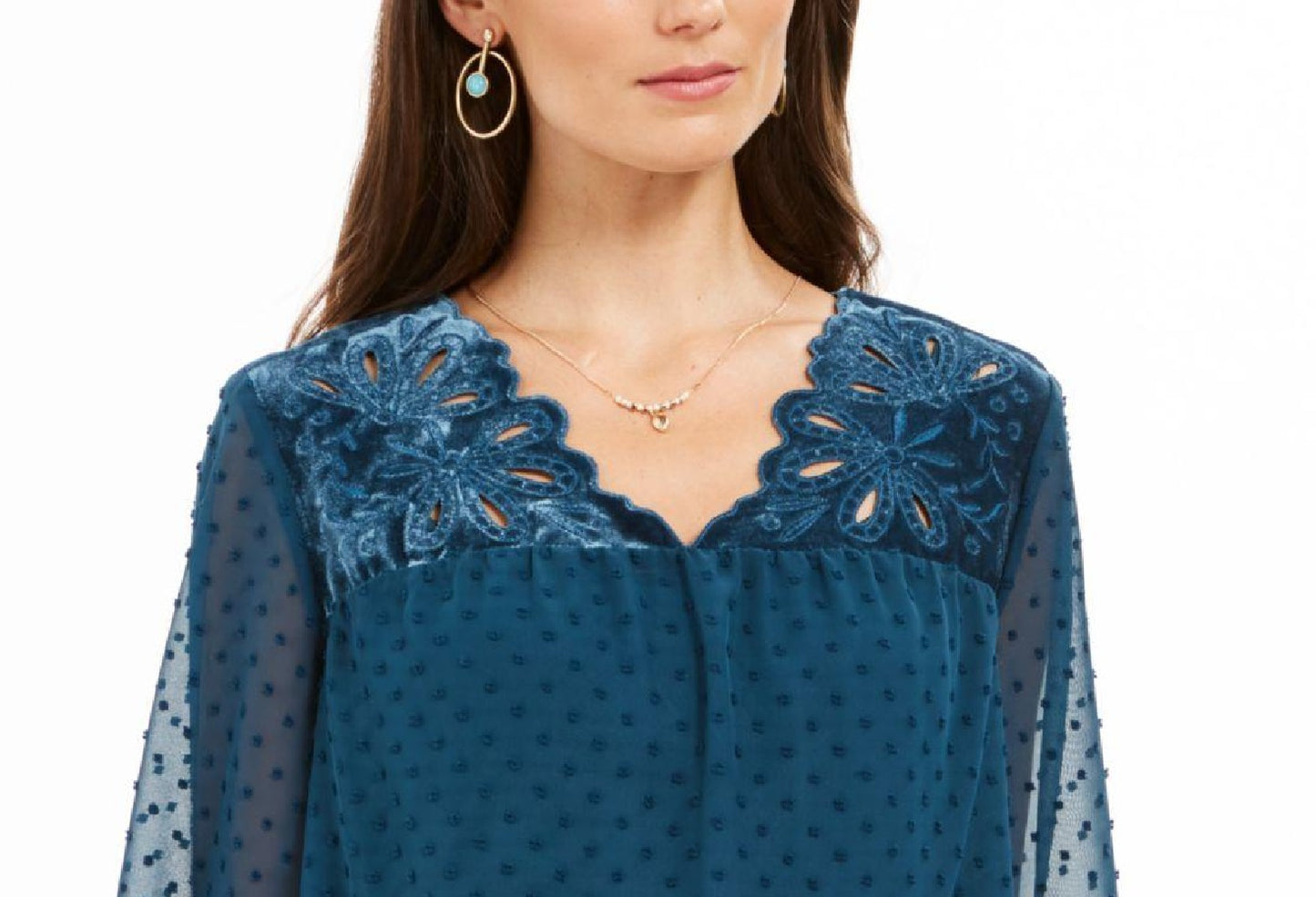 Blusa feminina estilo &amp; co com estampa de mídia mista e mangas transparentes, azul, tamanho extra grande