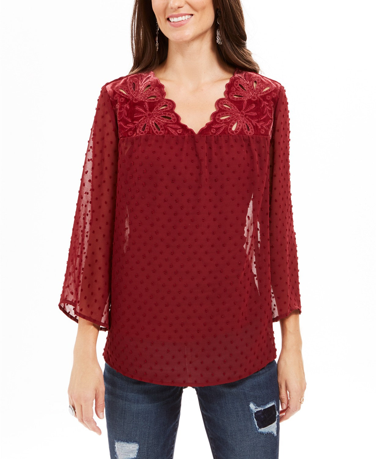 Blusa feminina de manga transparente com estampa de mídia mista, tamanho extra pequeno, vermelha, estilo &amp; co