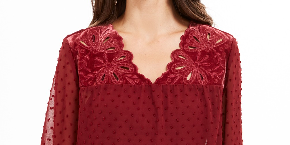 Blusa feminina de manga transparente com estampa de mídia mista, tamanho extra pequeno, vermelha, estilo &amp; co