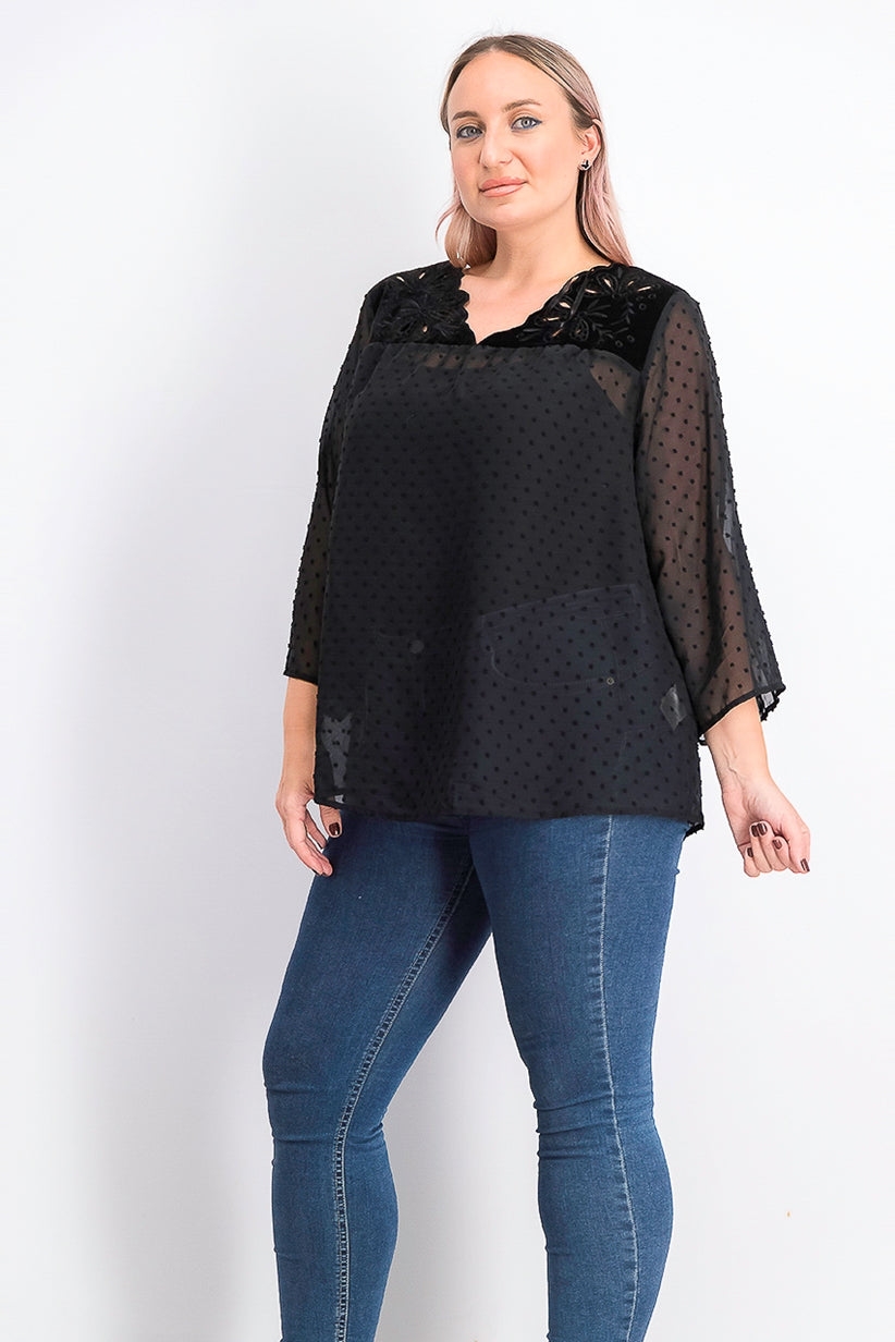 Top plus size de veludo com bolinhas suíças e jugo feminino Style &amp; Co, preto, tamanho 2X
