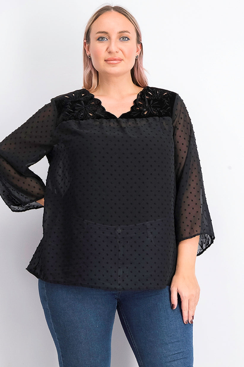 Top plus size de veludo com bolinhas suíças e jugo feminino Style &amp; Co, preto, tamanho 1X