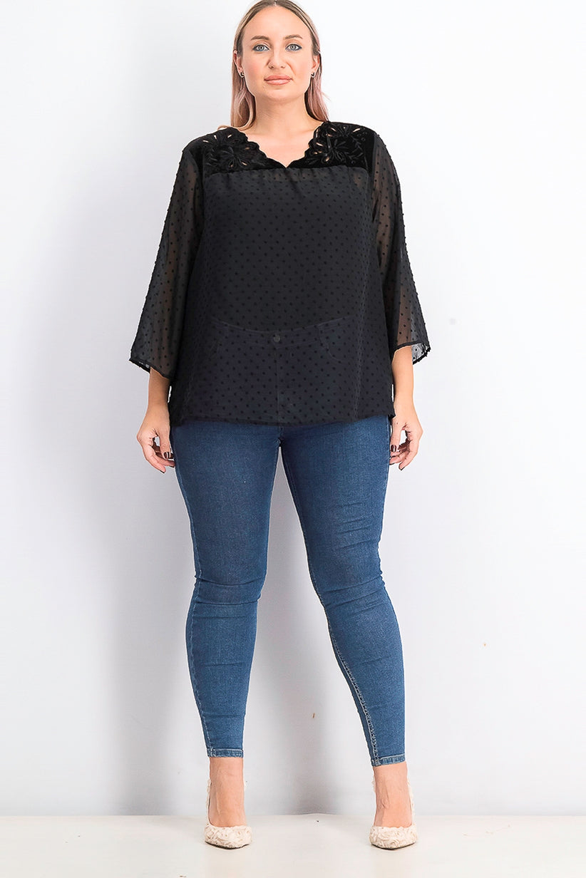 Top plus size de veludo com bolinhas suíças e jugo feminino Style &amp; Co, preto, tamanho 1X