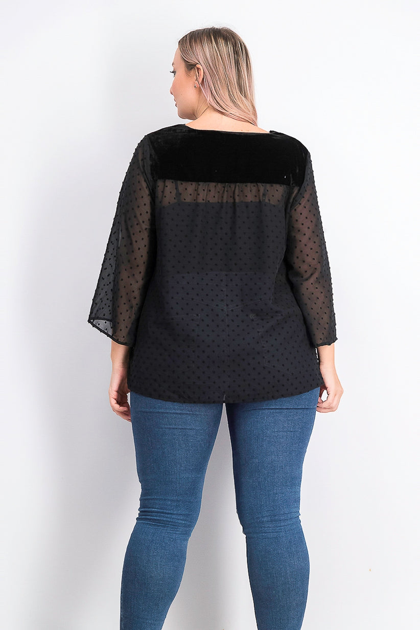 Top plus size de veludo com bolinhas suíças e jugo feminino Style &amp; Co, preto, tamanho 1X