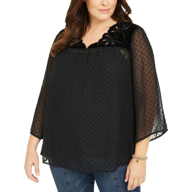 Top plus size de veludo com bolinhas suíças e jugo feminino Style &amp; Co, preto, tamanho 3X