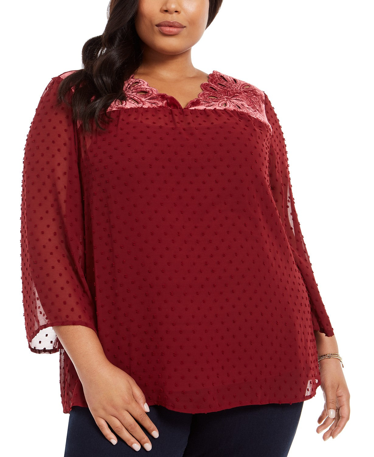 Top plus size de veludo com bolinhas suíças e jugo feminino Style &amp; Co, vermelho, tamanho 2, extra grande