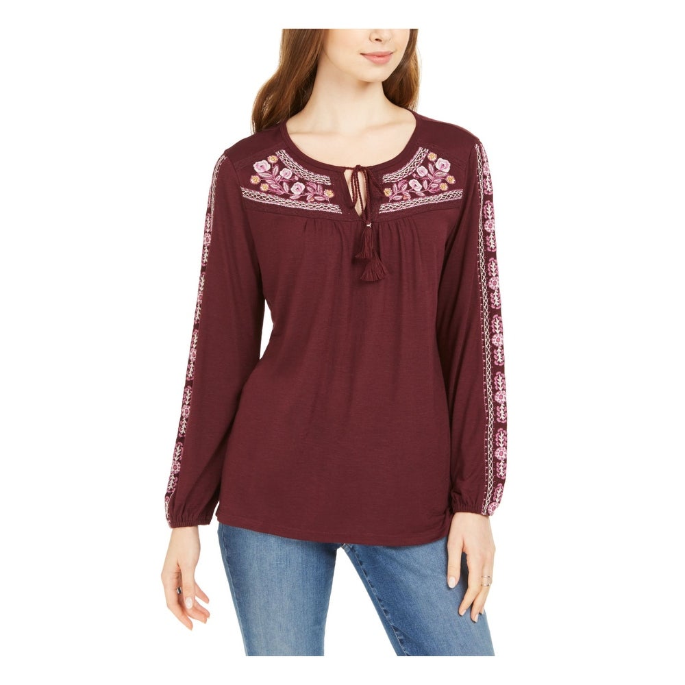 Blusa feminina estilo &amp; co floral manga longa com decote em V, roxa, tamanho pequeno
