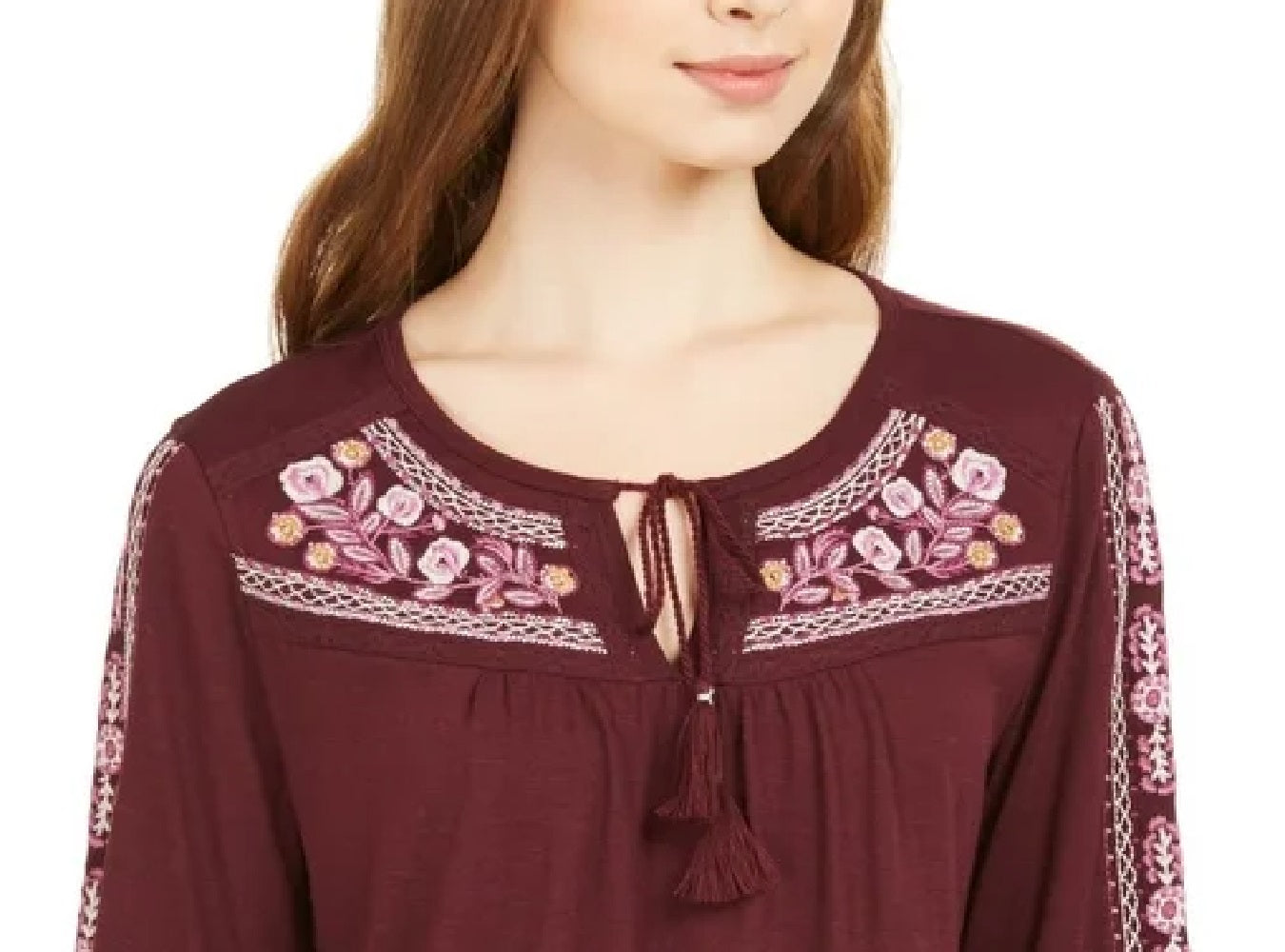 Blusa feminina estilo &amp; co floral manga longa com decote em V, roxa, tamanho pequeno