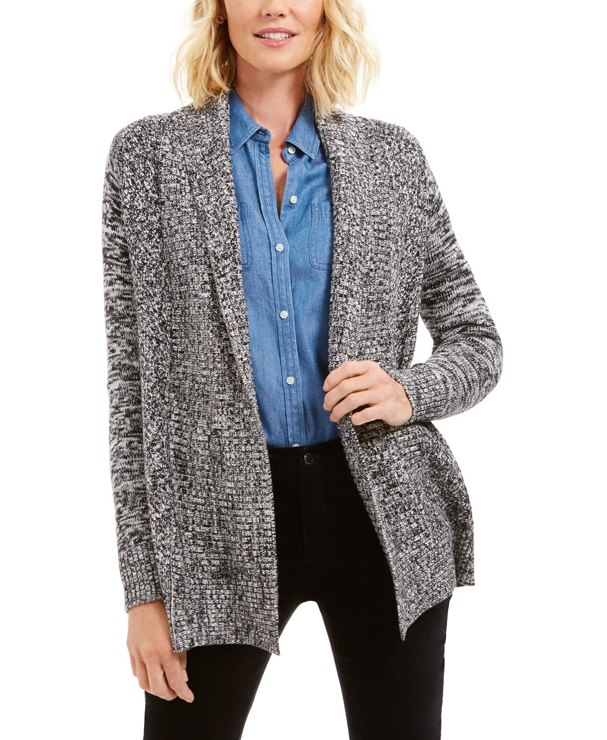 Cardigan feminino com gola xale mesclada Charter Club, preto, tamanho grande