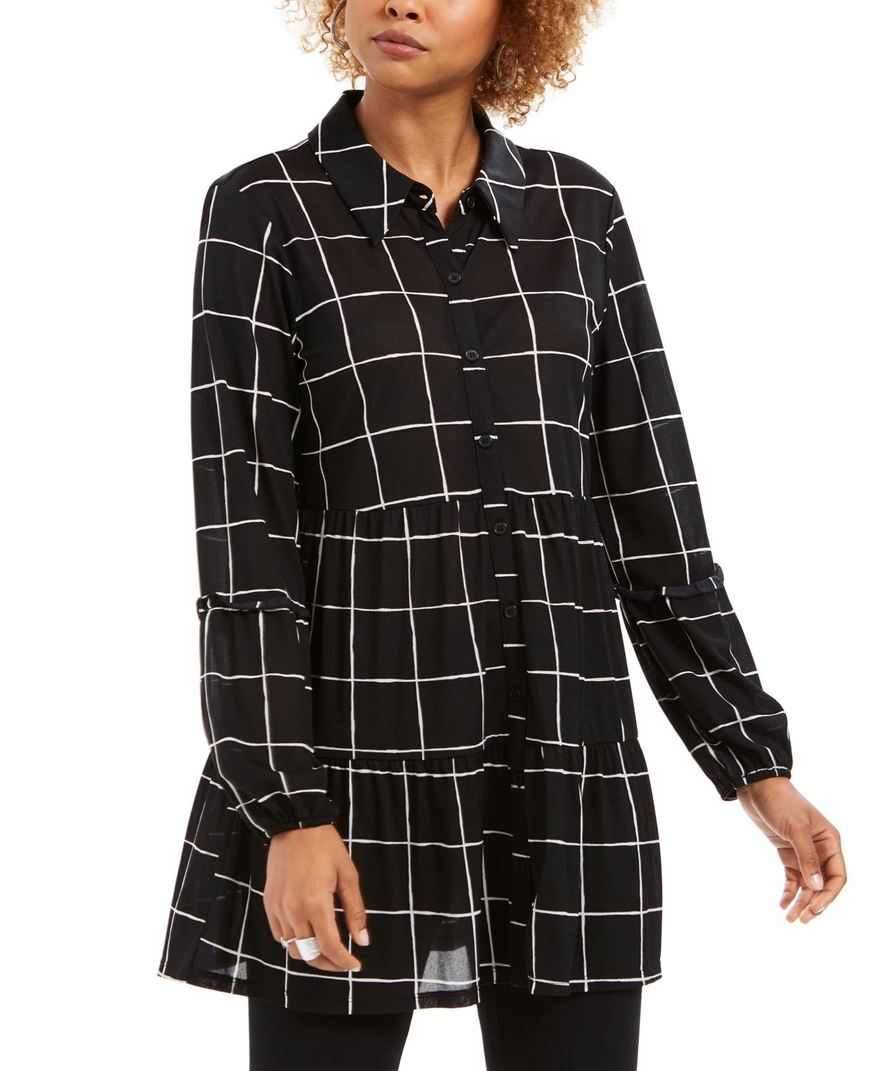 Camisa de malha com estampa de janela e painéis feminina Style &amp; Co, preta, tamanho pequeno