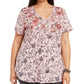 Top feminino plus size de algodão estampado com decote em V, tamanho 0X, vermelho, estilo &amp; co