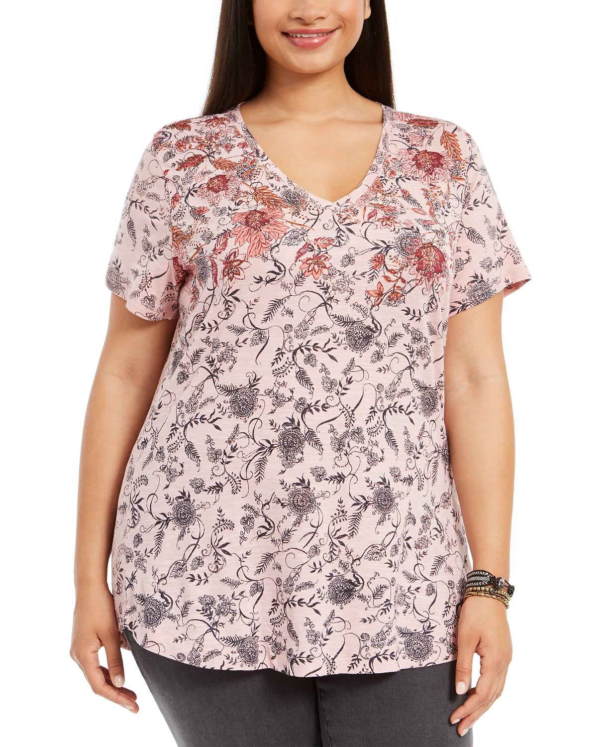 Top feminino plus size de algodão estampado com decote em V, tamanho 0X, vermelho, estilo &amp; co