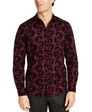 Camisa masculina com estampa paisley flocada INC International Concepts, tamanho médio, vinho