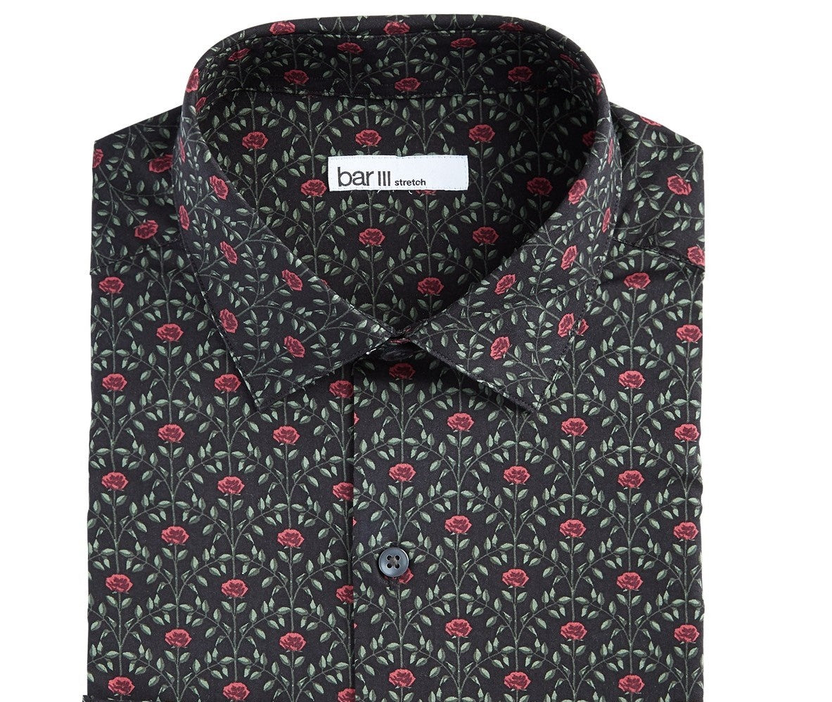 Camisa social masculina Bar III Slim-Fit Performance Stretch Rose Arch-Print, preta, tamanho 32-33