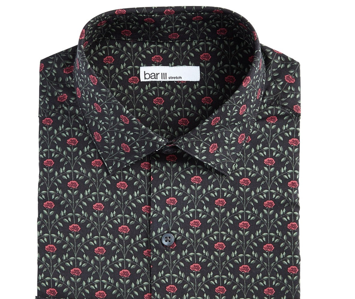 Camisa social masculina Bar III Slim-Fit Performance Stretch Rose Arch-Print, preta, tamanho 32x33