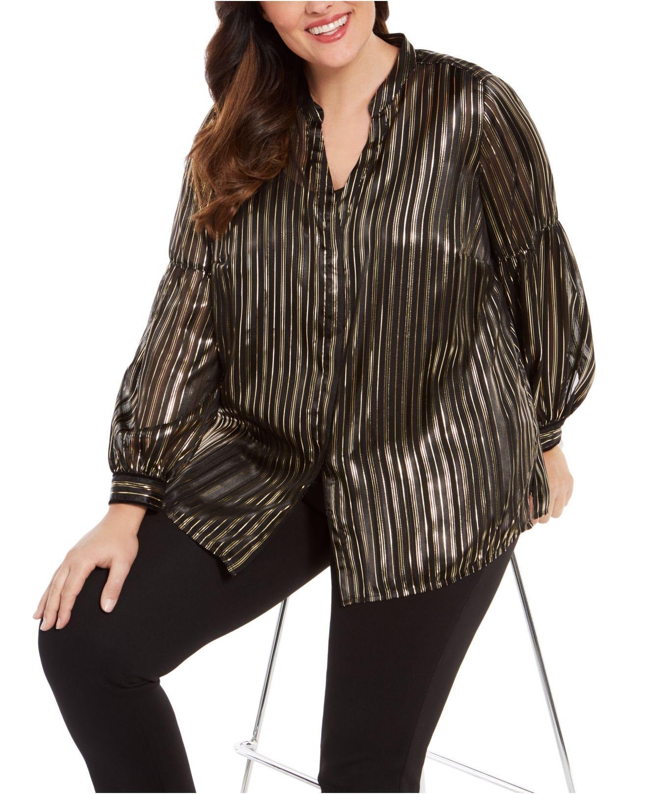 Blusa feminina Alfani Plus Size listrada com decote aberto, preta, tamanho 0X