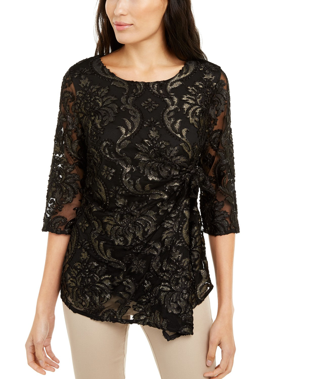 Top Alfani Feminino Petite Velvet-Burnout com Amarração Lateral, Preto, Tamanho Médio