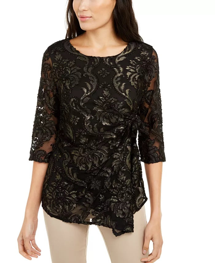 Blusa Alfani Feminina Velvet-Burnout com Amarração Lateral, Preta, Tamanho Pequeno