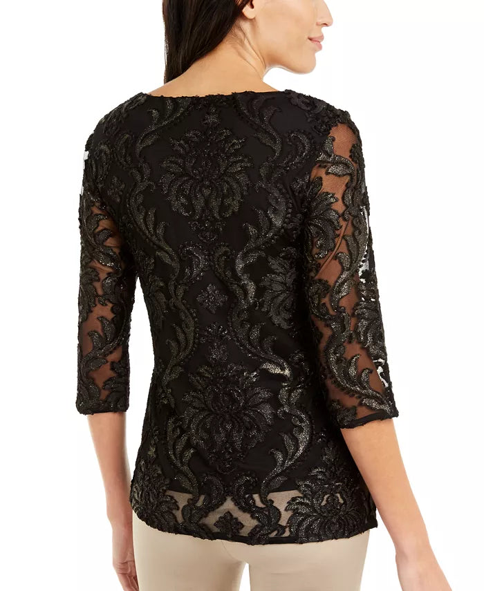 Blusa Alfani Feminina Velvet-Burnout com Amarração Lateral, Preta, Tamanho Pequeno