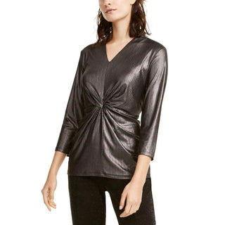 Blusa feminina Alfani Metallic Twist-Front, cor carvão, tamanho 2, extra grande