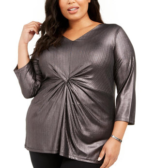Top feminino Alfani Plus Size com torção frontal metálica, preto, tamanho 1X
