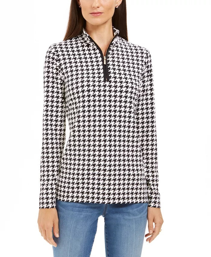 Camiseta feminina Charter Club com zíper e estampa pied-de-poule, preta, tamanho pequeno