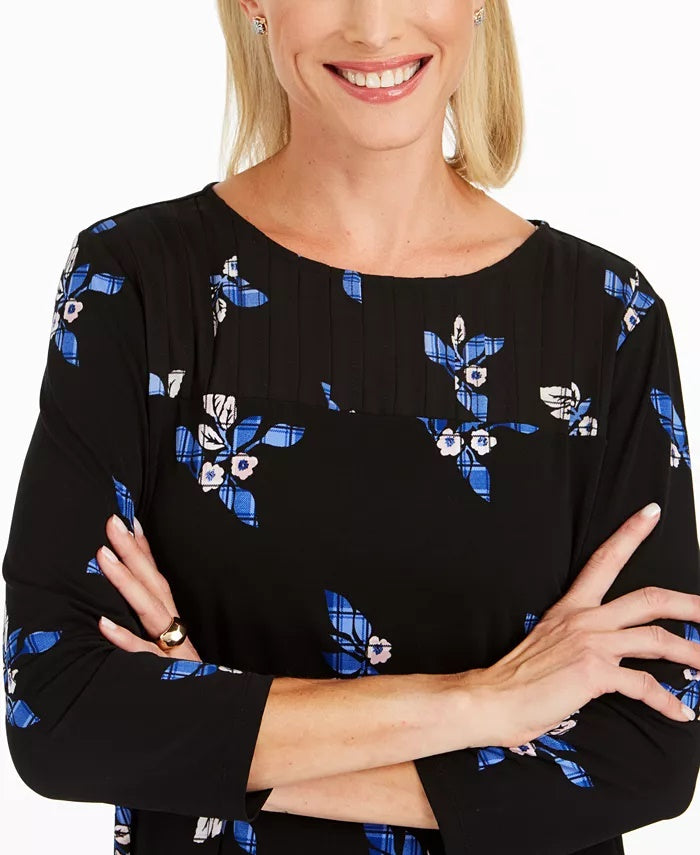 Blusa plissada com estampa floral feminina Charter Club, preta, tamanho pequeno