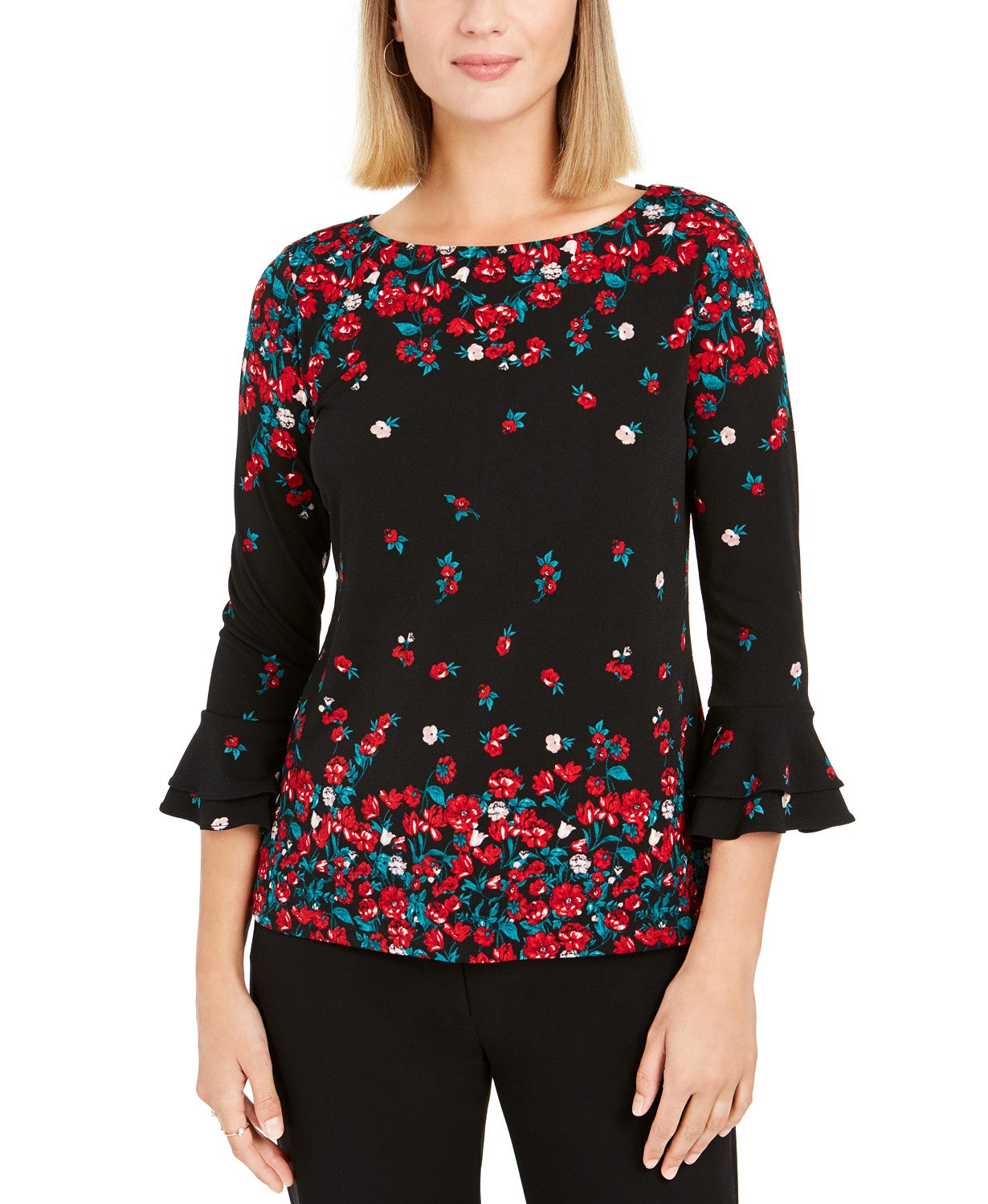 Blusa feminina com estampa floral e manga sino Charter Club, preta, tamanho grande