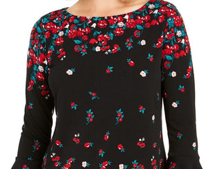 Charter Club Women's Floral Print Bell Sleeve Blouse  Black Size Large