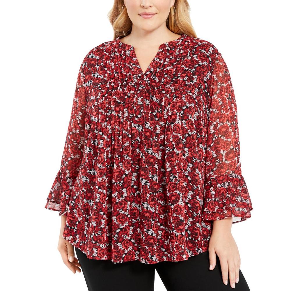 Top feminino com estampa floral e pregas Charter Club, vermelho, tamanho XXG