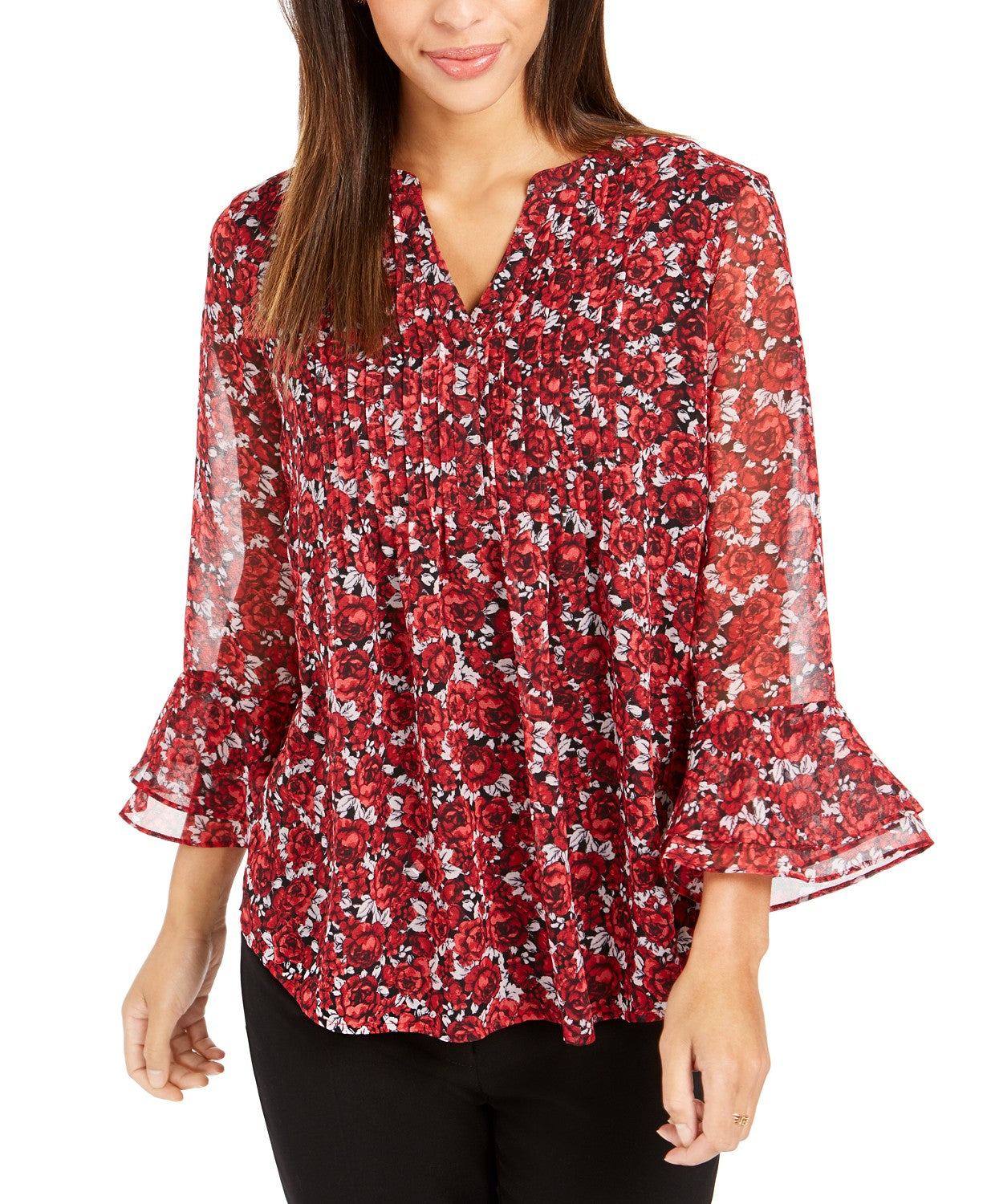 Blusa feminina Charter Club com estampa floral e manga sino, vermelha, tamanho pequeno