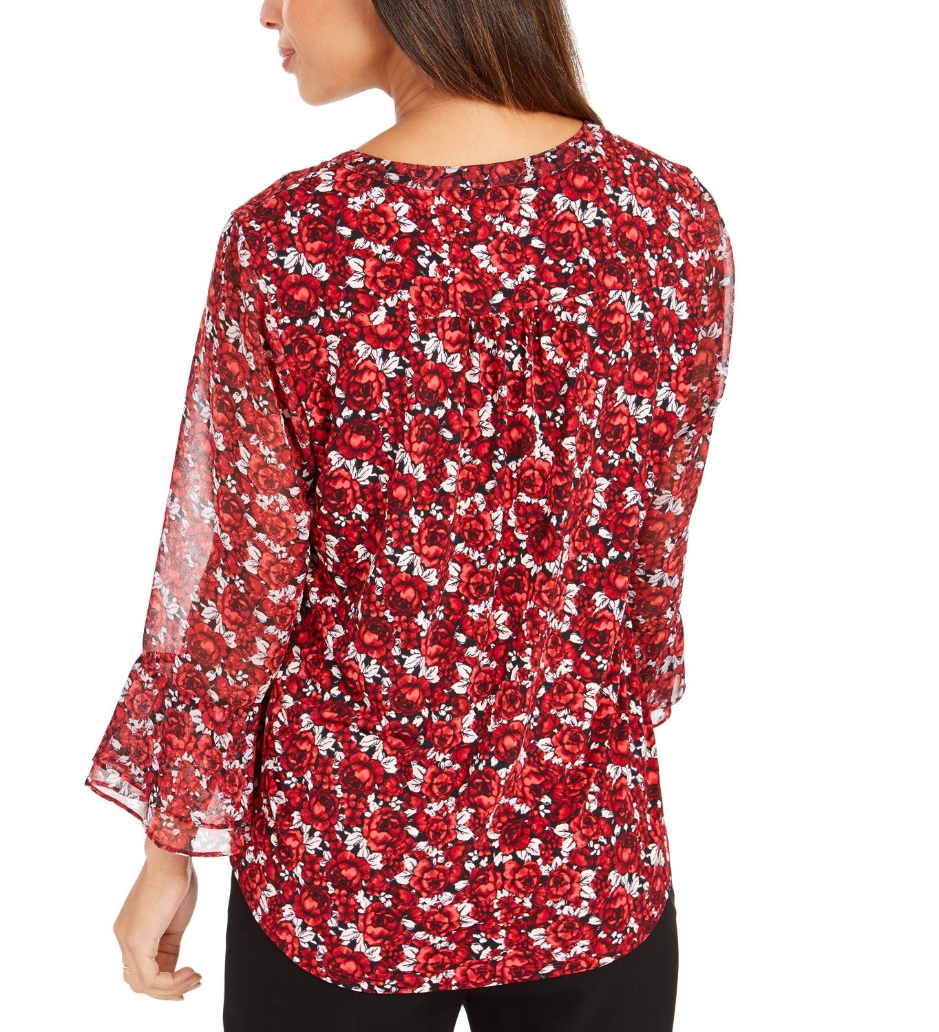Blusa feminina Charter Club com estampa floral e manga sino, vermelha, tamanho pequeno