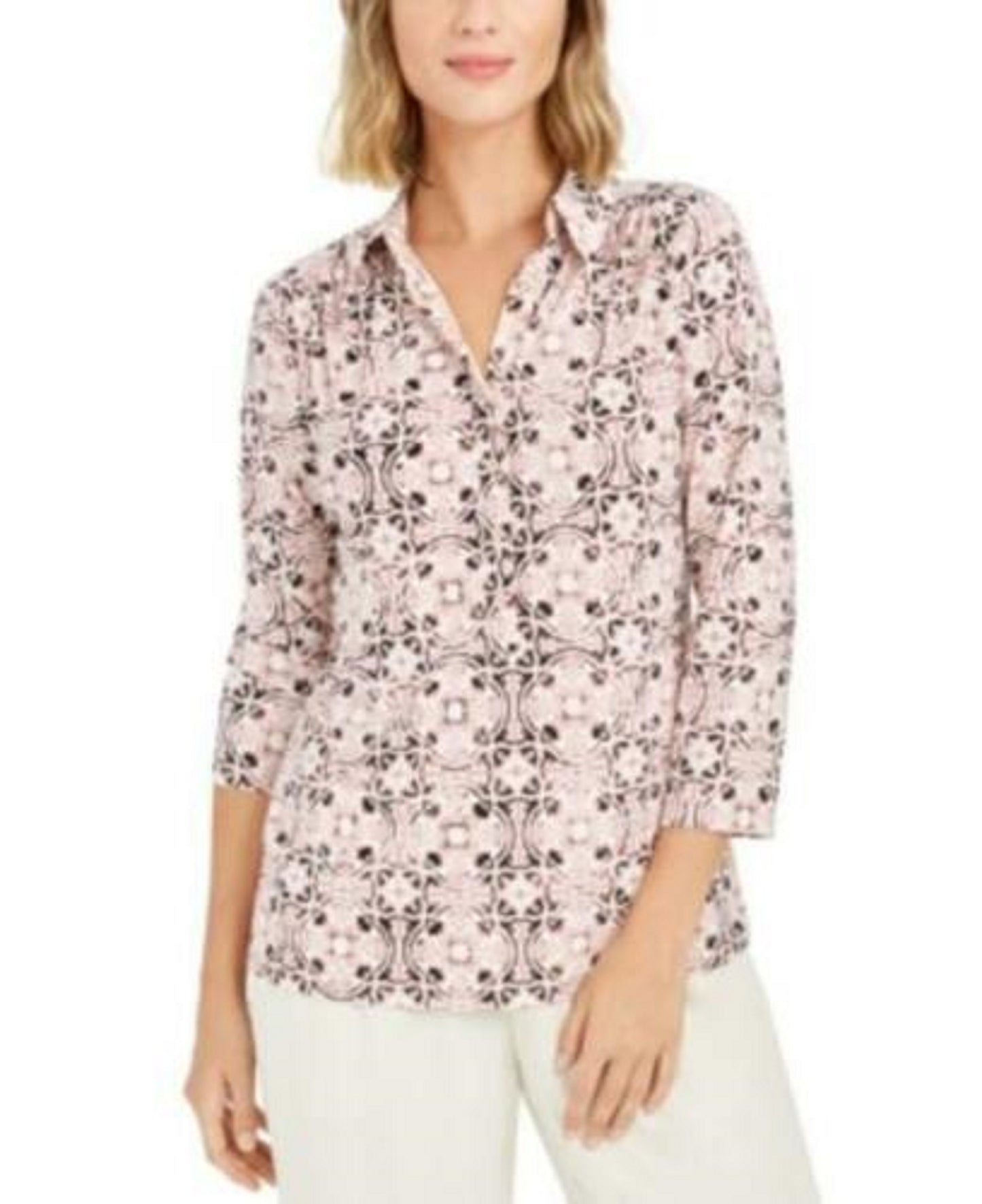 Camisa polo feminina Charter Club com estampa de manga 3/4, rosa, tamanho XX-G