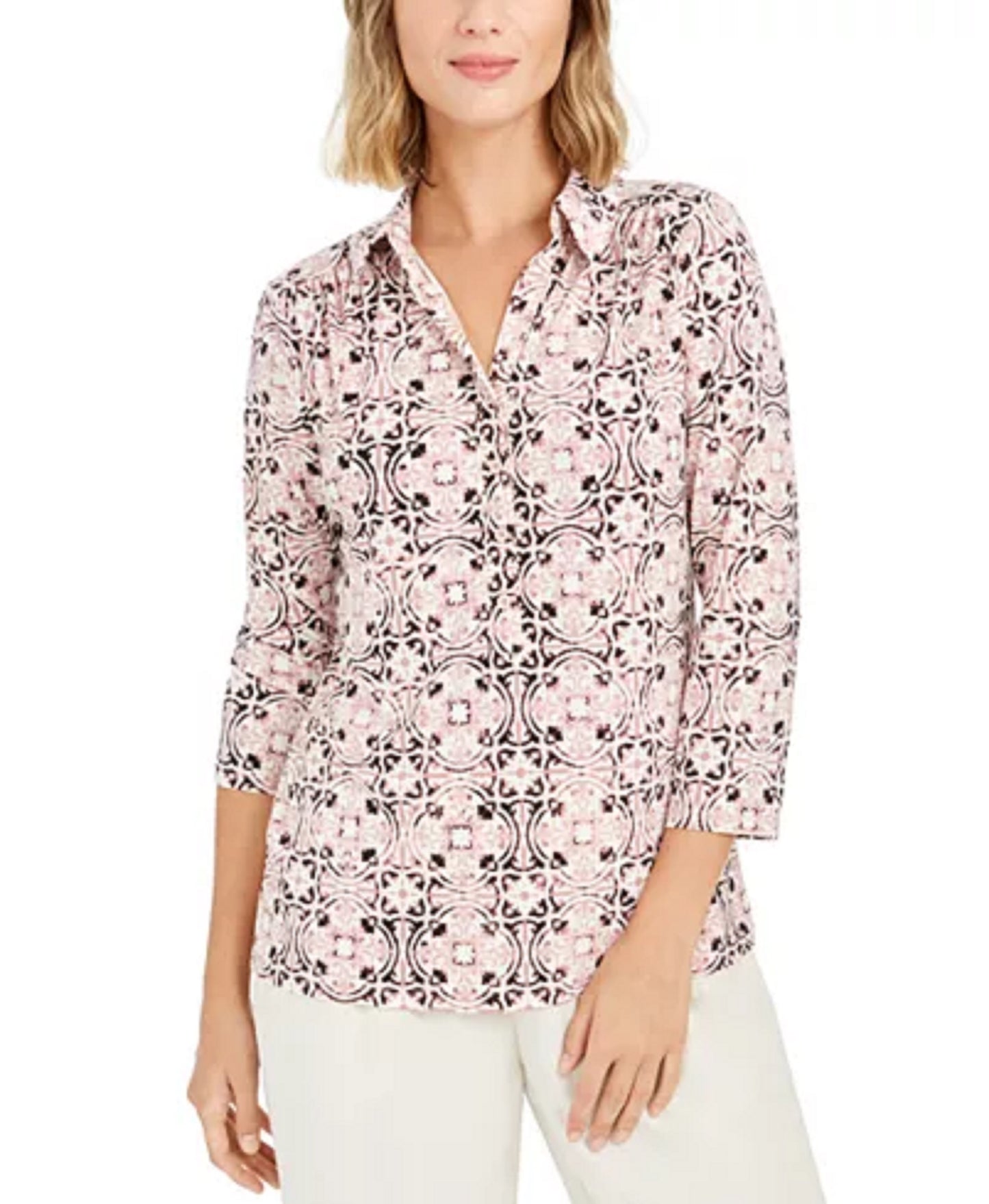 Camisa polo feminina Charter Club com estampa de manga 3/4, rosa, tamanho pequeno