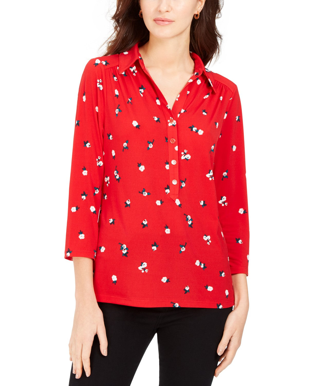 Camisa polo feminina Charter Club com estampa de manga 3/4, vermelha, tamanho X-S