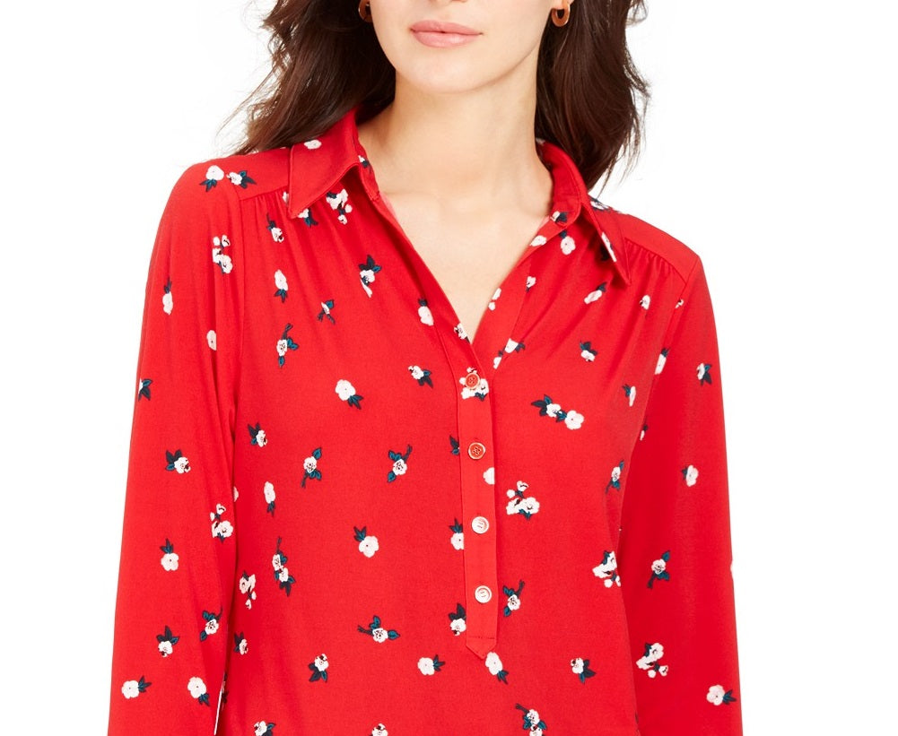 Camisa polo feminina Charter Club com estampa de manga 3/4, vermelha, tamanho X-S