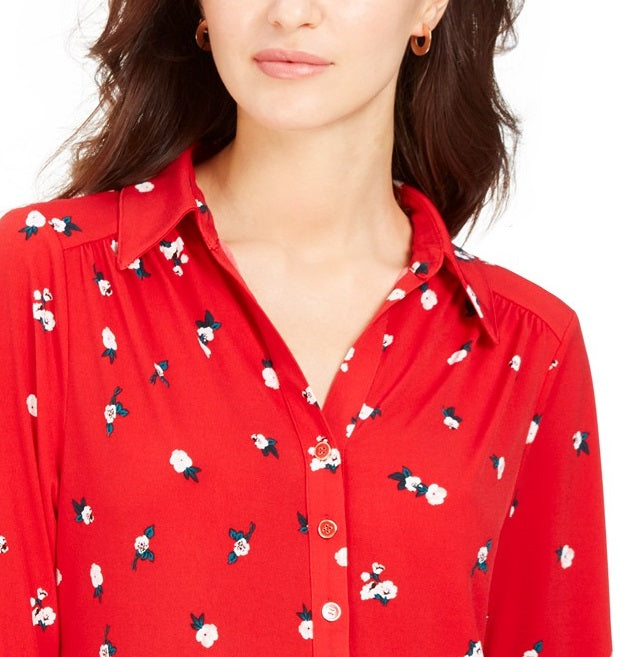 Camisa polo feminina Charter Club com estampa de manga 3/4, vermelha, tamanho médio