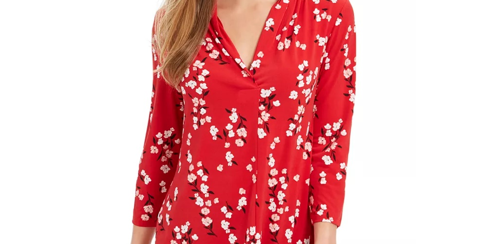 Blusa feminina com decote em V floral Charter Club, tamanho médio, vermelha, XXG