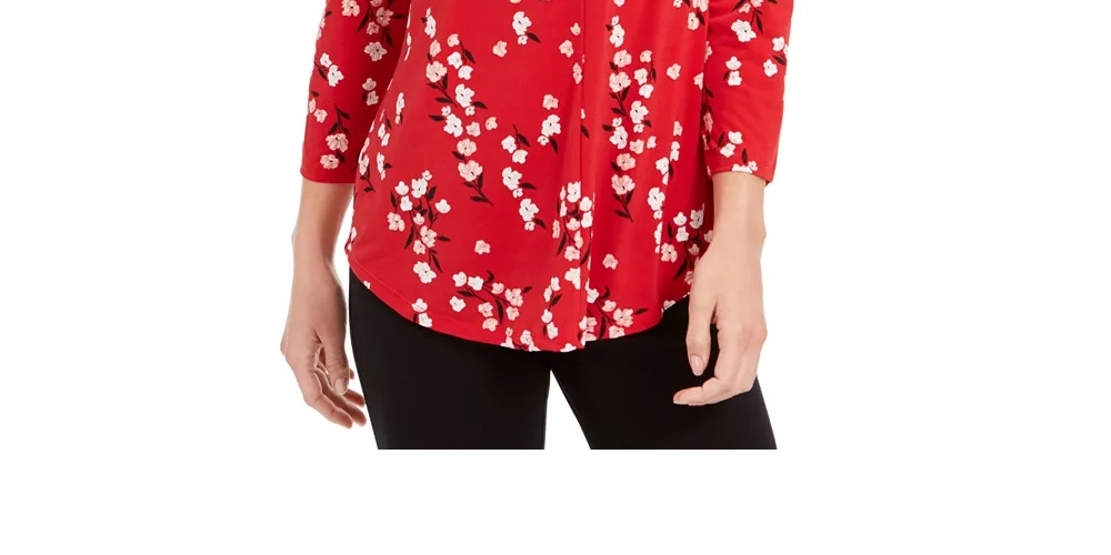Blusa feminina com decote em V floral Charter Club, tamanho médio, vermelha, XXG