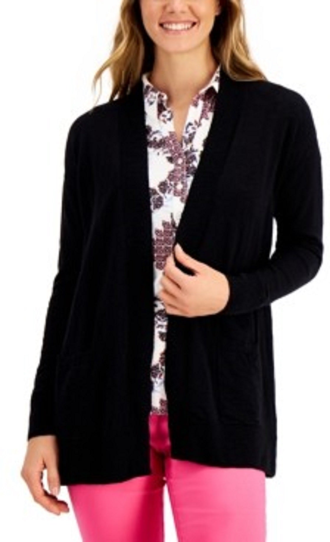 Cardigan feminino de algodão com abertura frontal, preto, tamanho extra pequeno, Charter Club