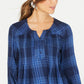 Blusa plissada xadrez pequena feminina Style &amp; Co, azul, tamanho P