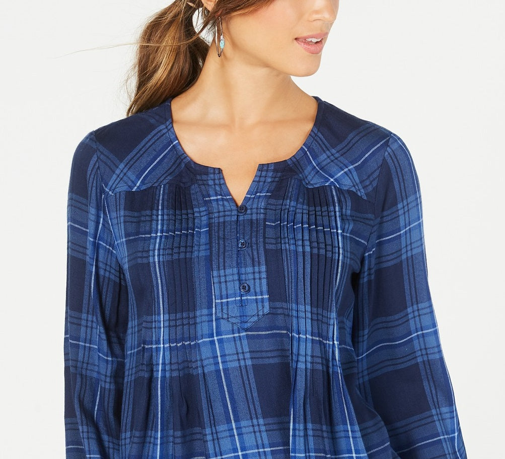 Top xadrez plissada feminino estilo &amp; co tamanho azul marinho pequeno pequeno