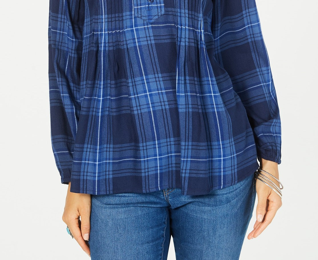 Top xadrez plissada feminino estilo &amp; co tamanho azul marinho pequeno pequeno