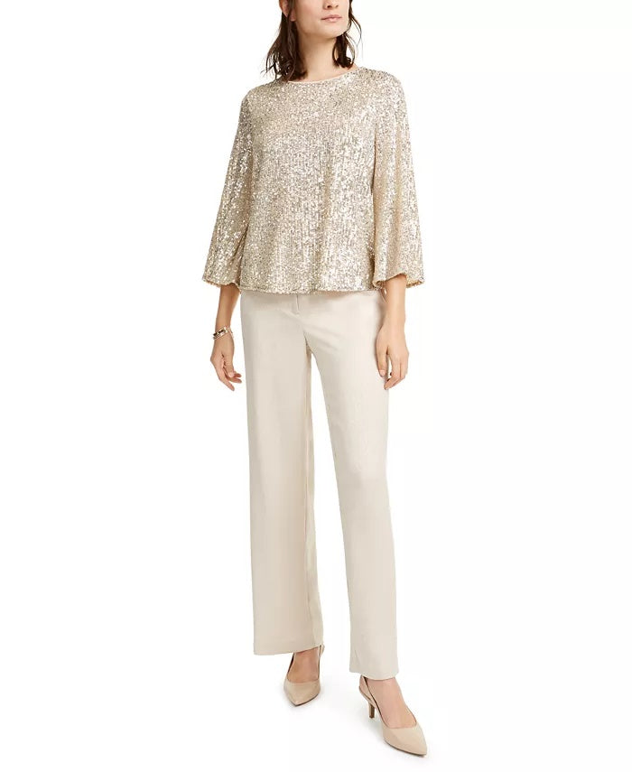 Calça feminina Alfani Petite Snake-Graved Wide Leg Bege Tamanho 14