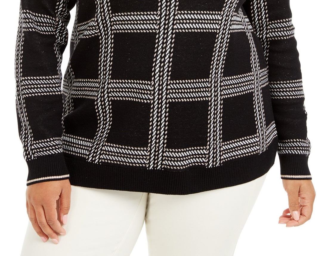 Suéter xadrez metálico plus size feminino Charter Club, preto, tamanho extra grande